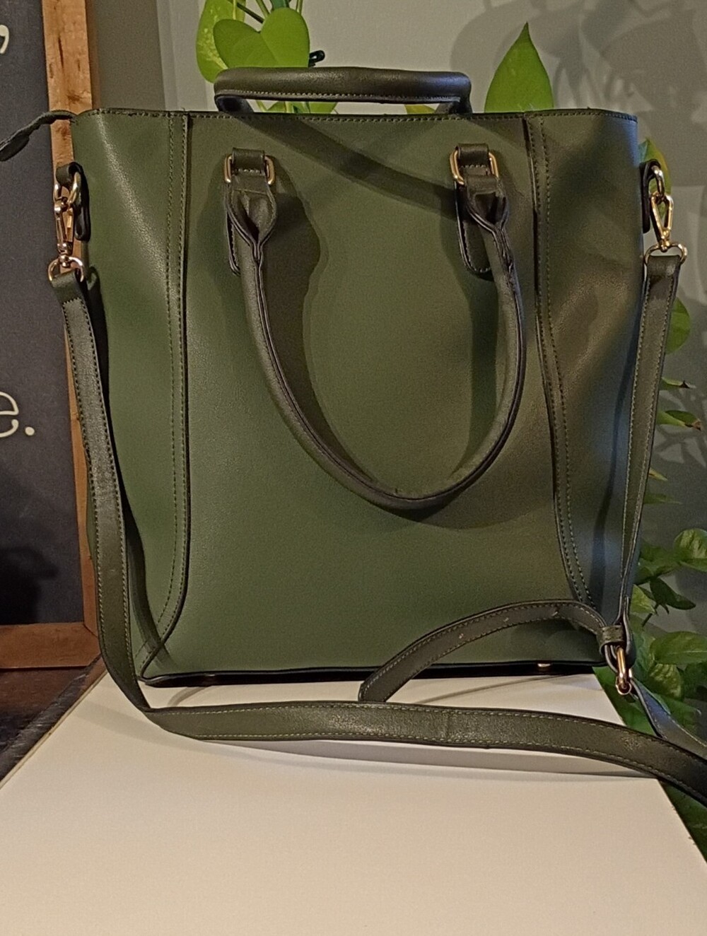 Olive Green Structured Tote with Removable Strap